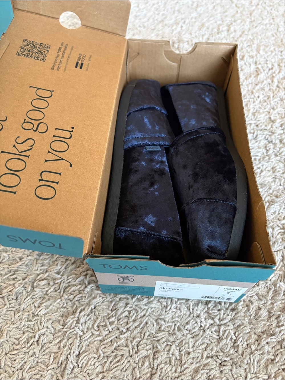 Toms Women’s Crushed Velvet Slip-On Flats — Navy Blue